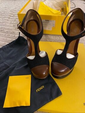 Fendi Black and Brown T-Strap Platform Heels, Shoe Bag, Extra heel taps and Box